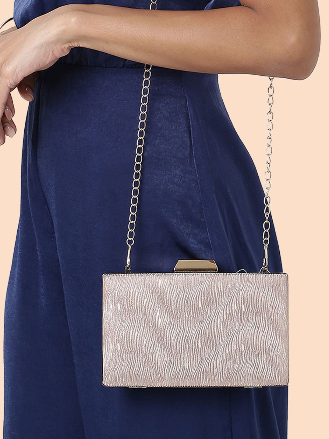 Lavie Glitz Rose Gold Embellished Framed Box Clutch