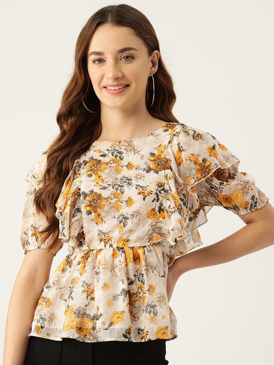 Buy Beige & Yellow Floral Printed Puff Sleeve Cinched Waist Top
