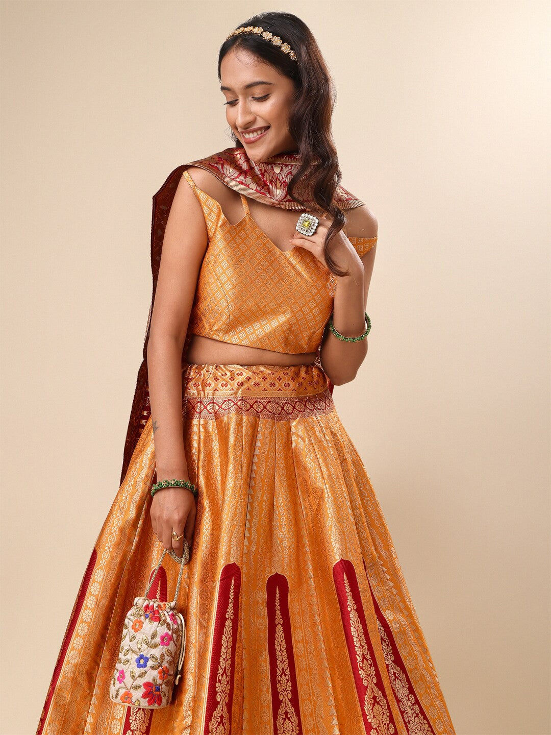 Purvaja Woven Design Ready to Wear Lehenga & Unstitched Blouse With Dupatta