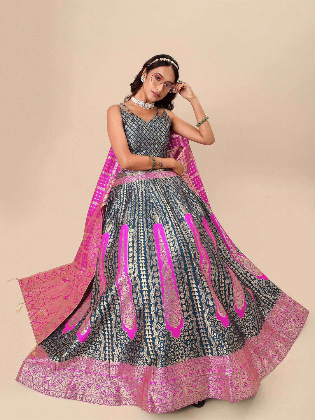 Purvaja Woven Design Ready to Wear Lehenga & Unstitched Blouse With Dupatta