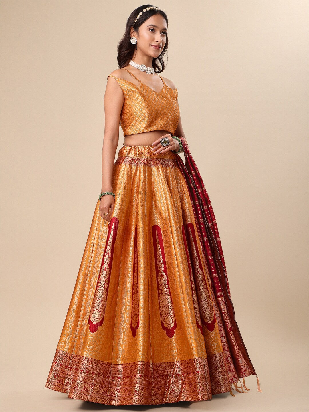Purvaja Woven Design Ready to Wear Lehenga & Unstitched Blouse With Dupatta