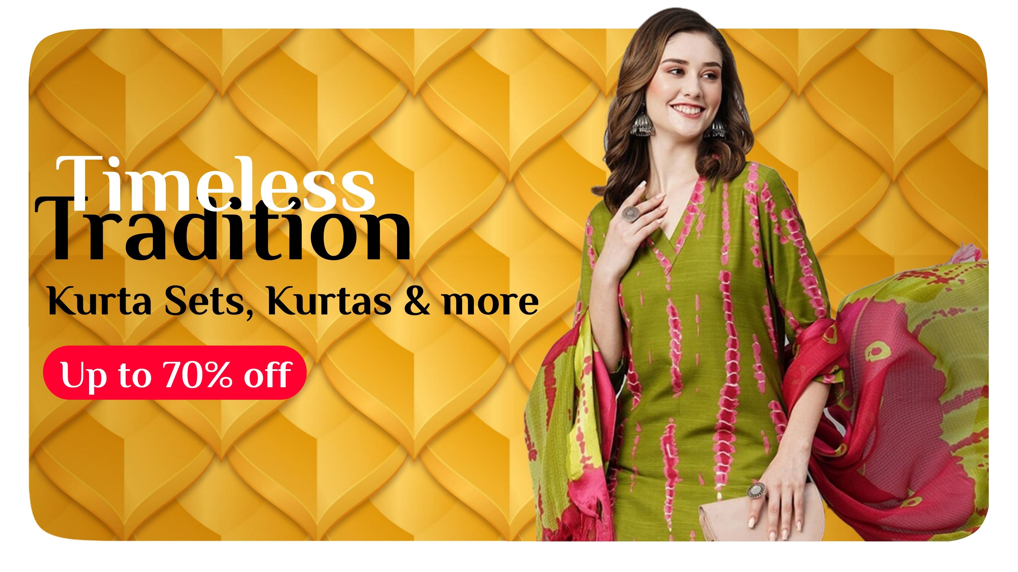 Woman in traditional green and pink kurta set, Indian ethnic wear sale banner with up to 70% off on kurtas, Kurta Set, Suits