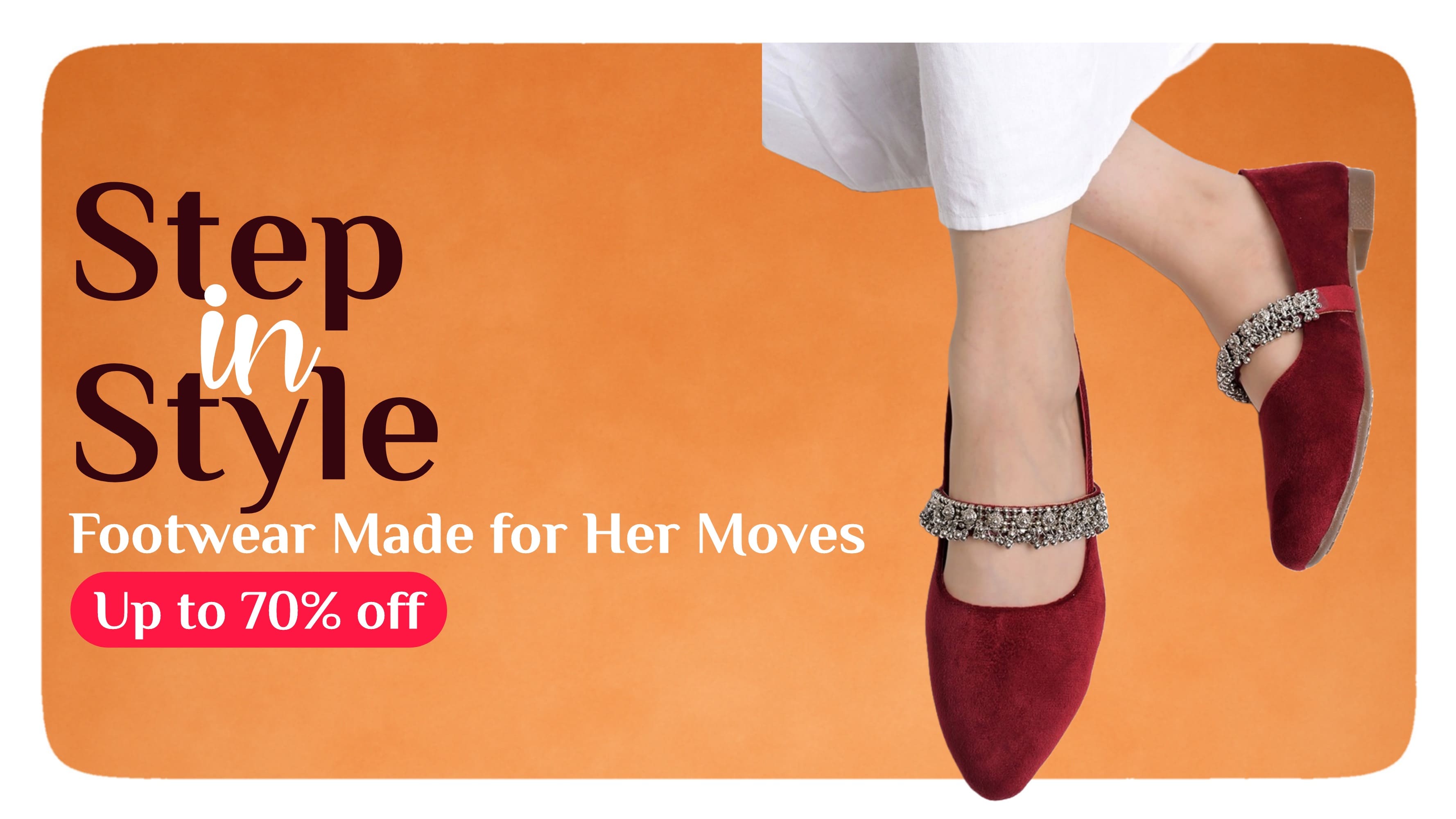 Woman wearing maroon embellished ethnic flats on orange background, footwear sale banner with up to 70% off