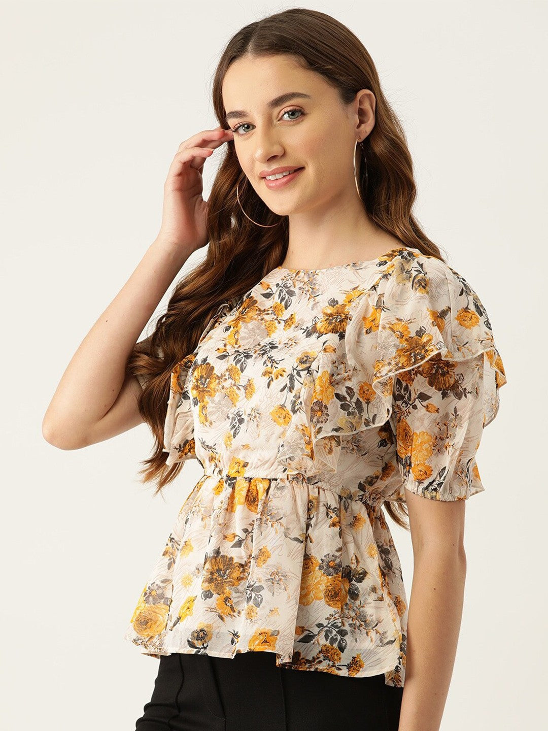 トップス PUFF-SLEEVED FLORAL EMBOSSED SHIRT Peach Floral Embroidered Shirt