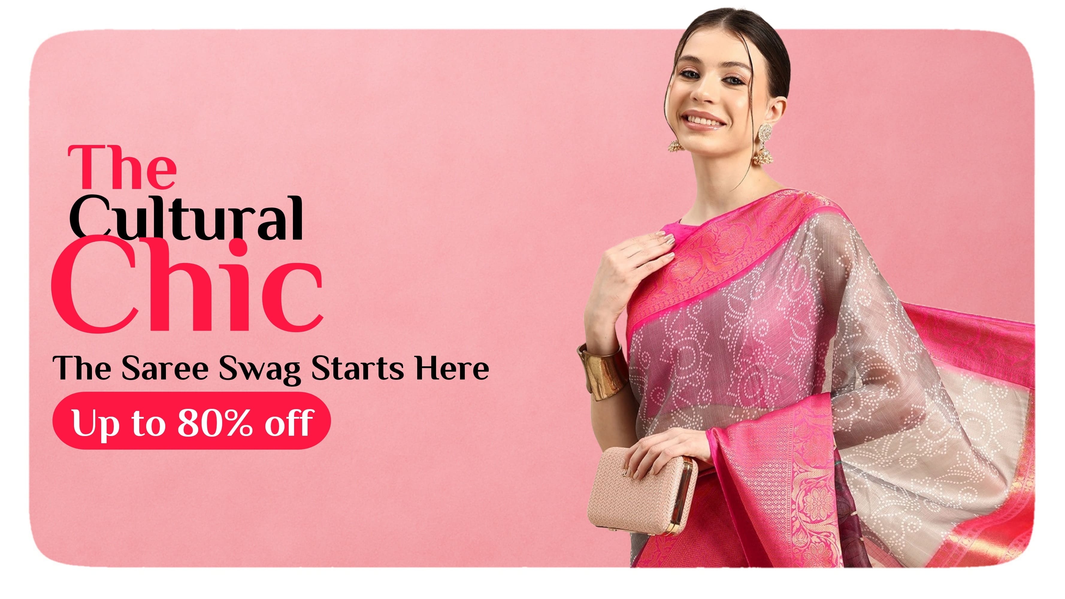 Woman in pink and silver saree holding clutch, promoting premium saree collection banner with up to 80% off on Sare (Sari)