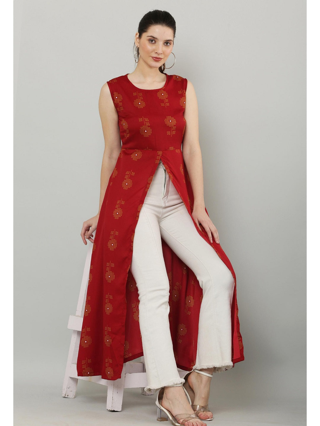 Front slit kurta with white pants by Crimson